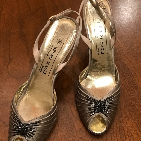 Embellished Taupe Satin Heels - Picture 2 of 5